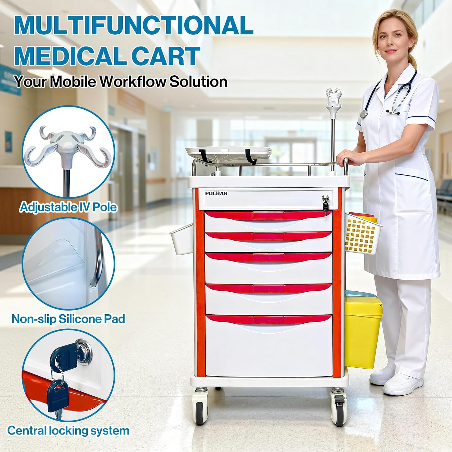 Medical Crash Cart with Emergency Accessory - Cardiac Board, IV Pole, O2 Holder, Power Strip, Trash Bin, Drawers with