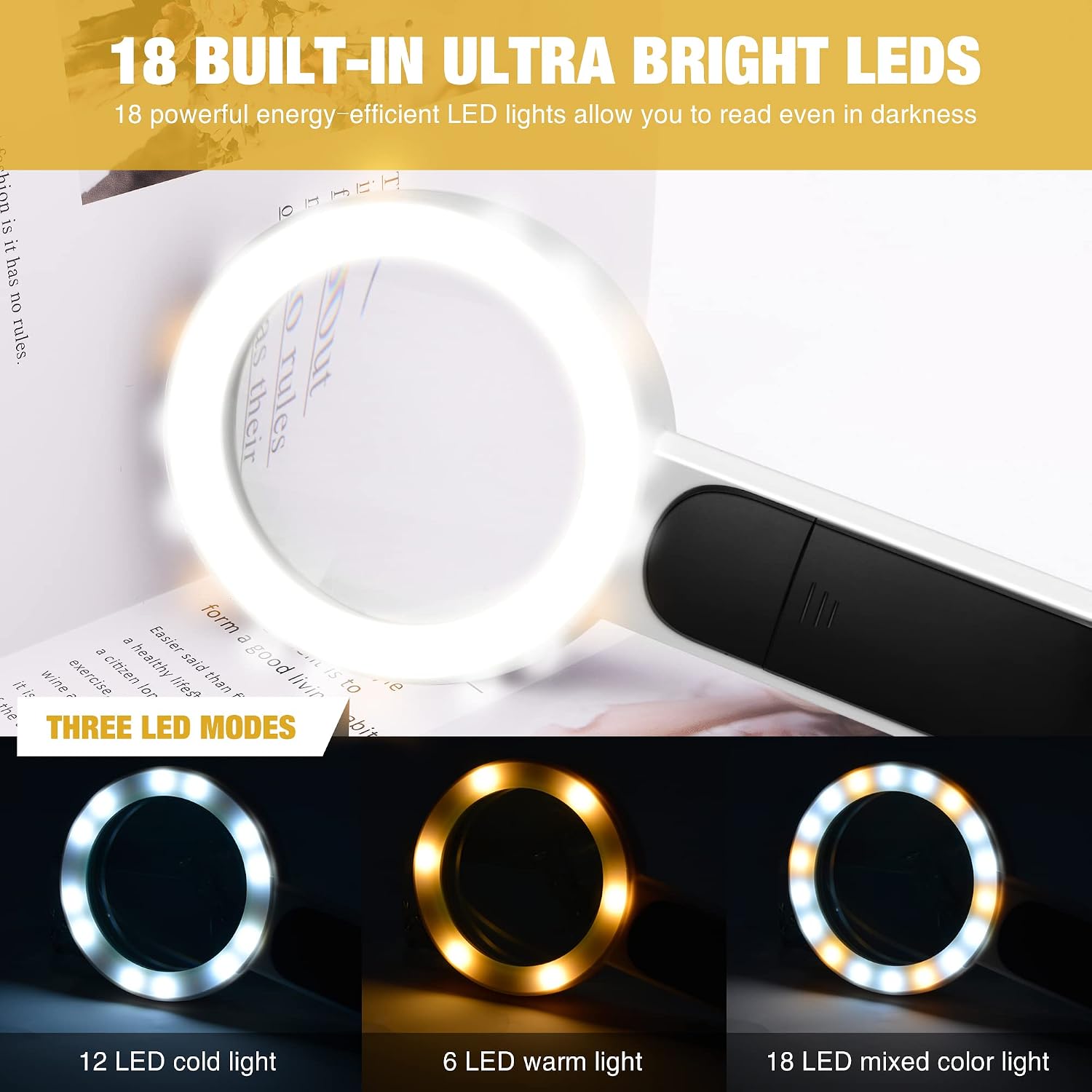 Magnifying Glass with Light, High Magnification Handheld Large Magnifying Glass 18LED Cold and Warm Light with 3