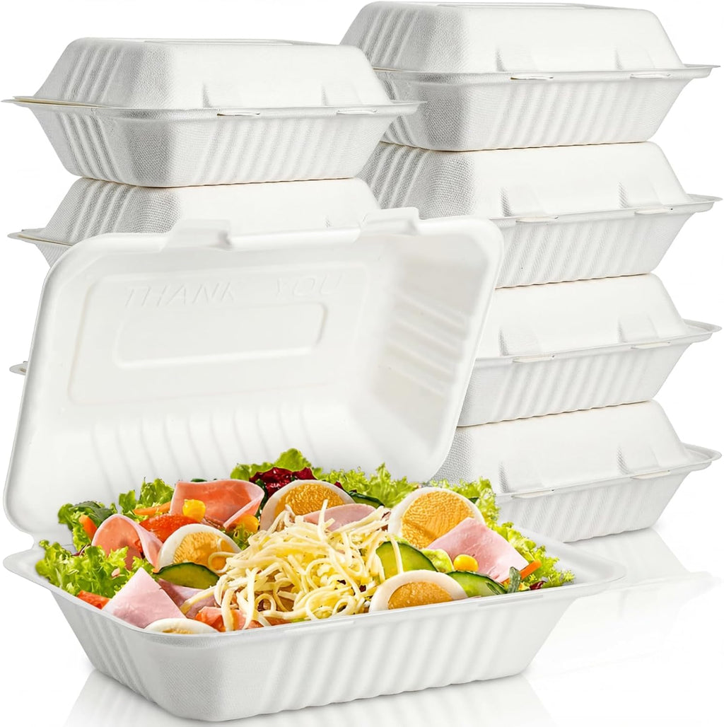 90 Pack 9"x 6" Compostable Clamshell Take Out Containers, Bagasse