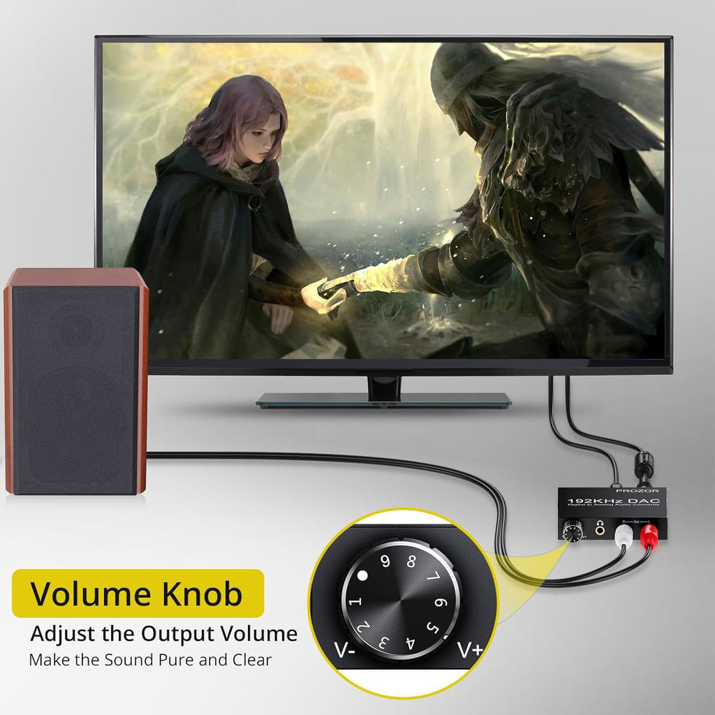 192KHz Digital to Analog Audio Converter Optical to RCA Adapter Upgrade Volume Adjustable DAC with Optical Cable