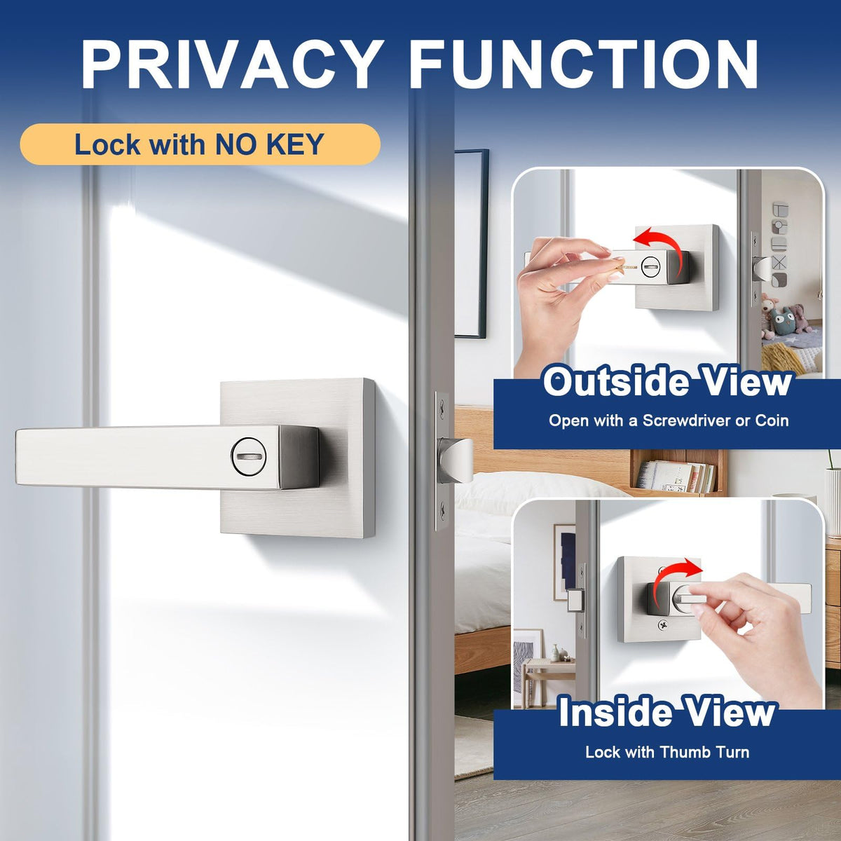 1 Pack Brushed Nickel Door Handle, Interior Doorknob with Lock for Bed and Bath Keyless Modern Square Lever Handle(No
