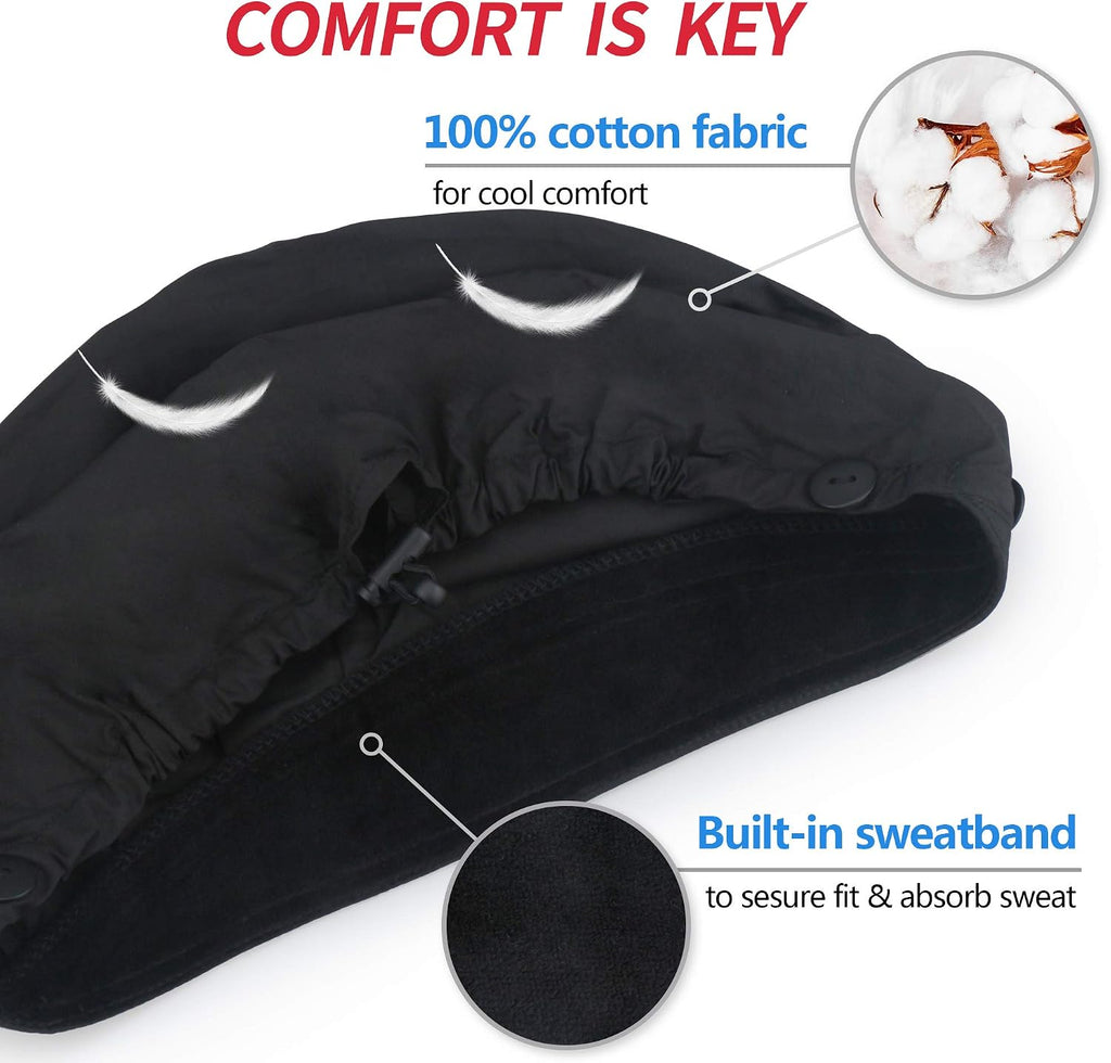 Bouffant Caps with Button and Sweatband, Adjustable Scrub Caps for Women Men, Satin Layer Black