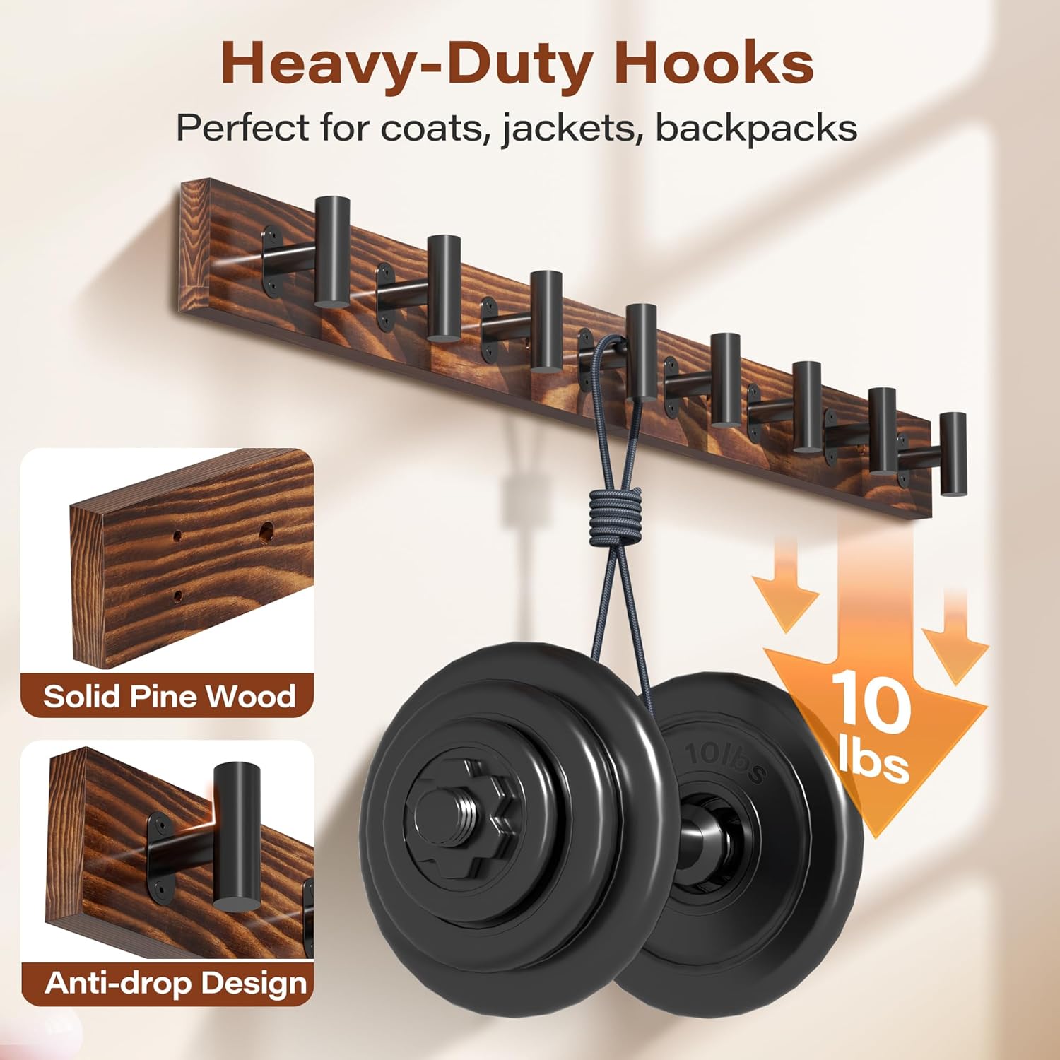 Coat Rack Wall Mount 2 Pack with 8 Pre-Installed Metal Hooks, Rustic Pine Solid Wood Coat Hanger Wall Mount for