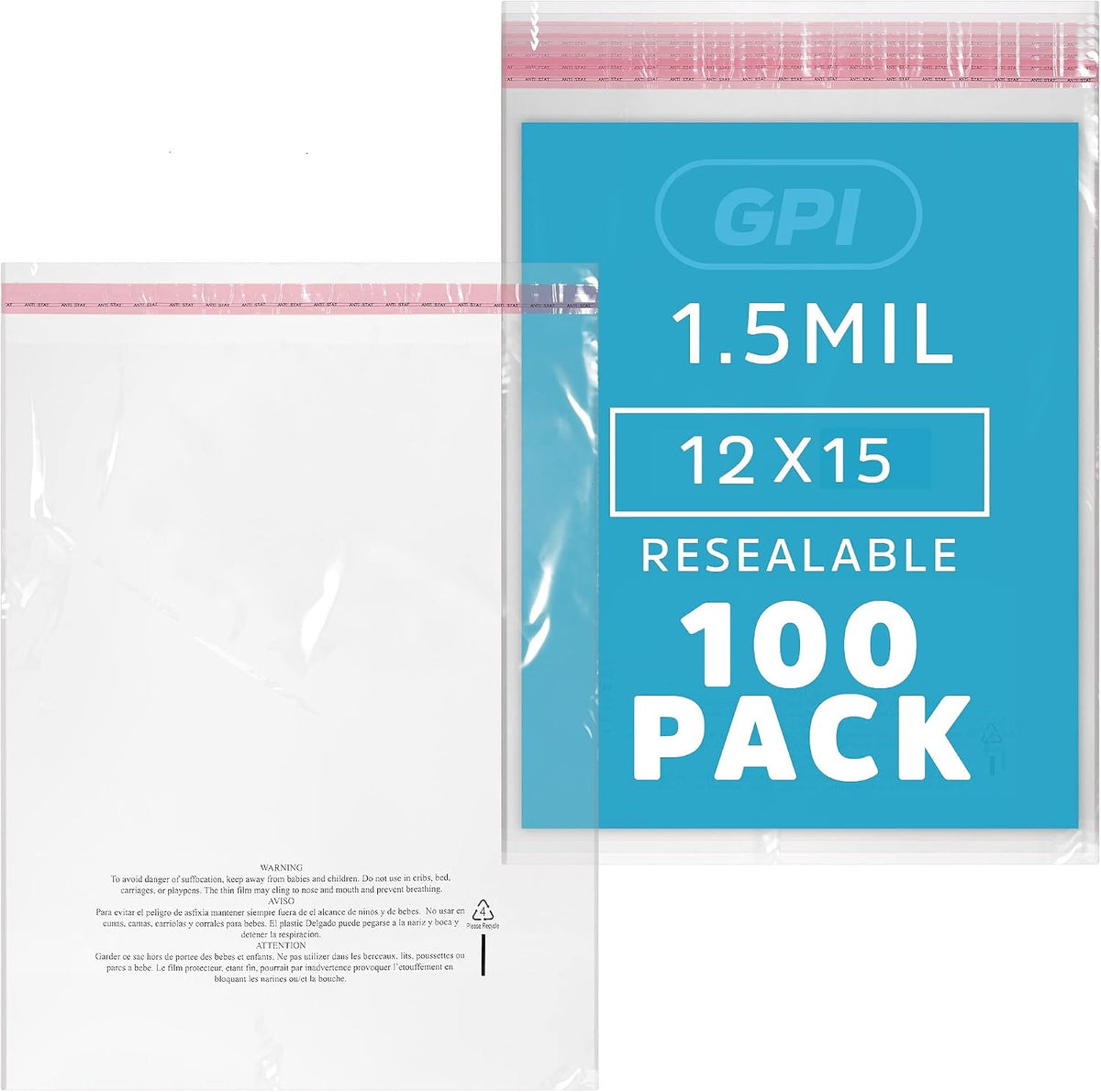 12" x 15" Self Seal Poly Bags, Large, 100 Pack, 1.5 Mil, for Packaging, GPI