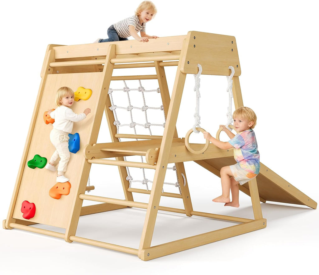 6-in-1 Indoor Playground Jungle Gym Kids Climbing Toys, Wooden Climber Playset with Slide, Climbing Rock, Monkey