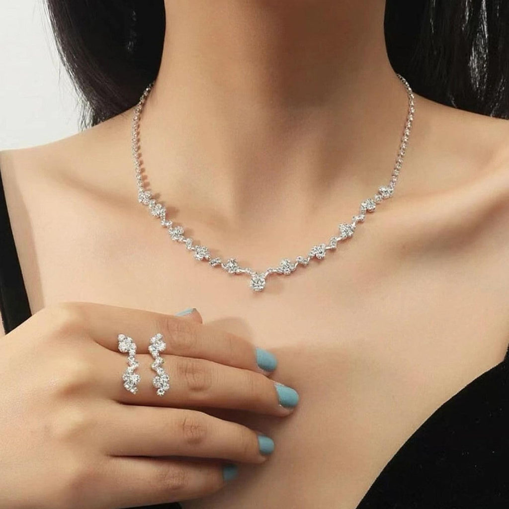 Crystal Wedding Jewelry Set, Silver Necklace Earrings Bracelet Crystal Bridal Wedding Jewelry Sets for Brides