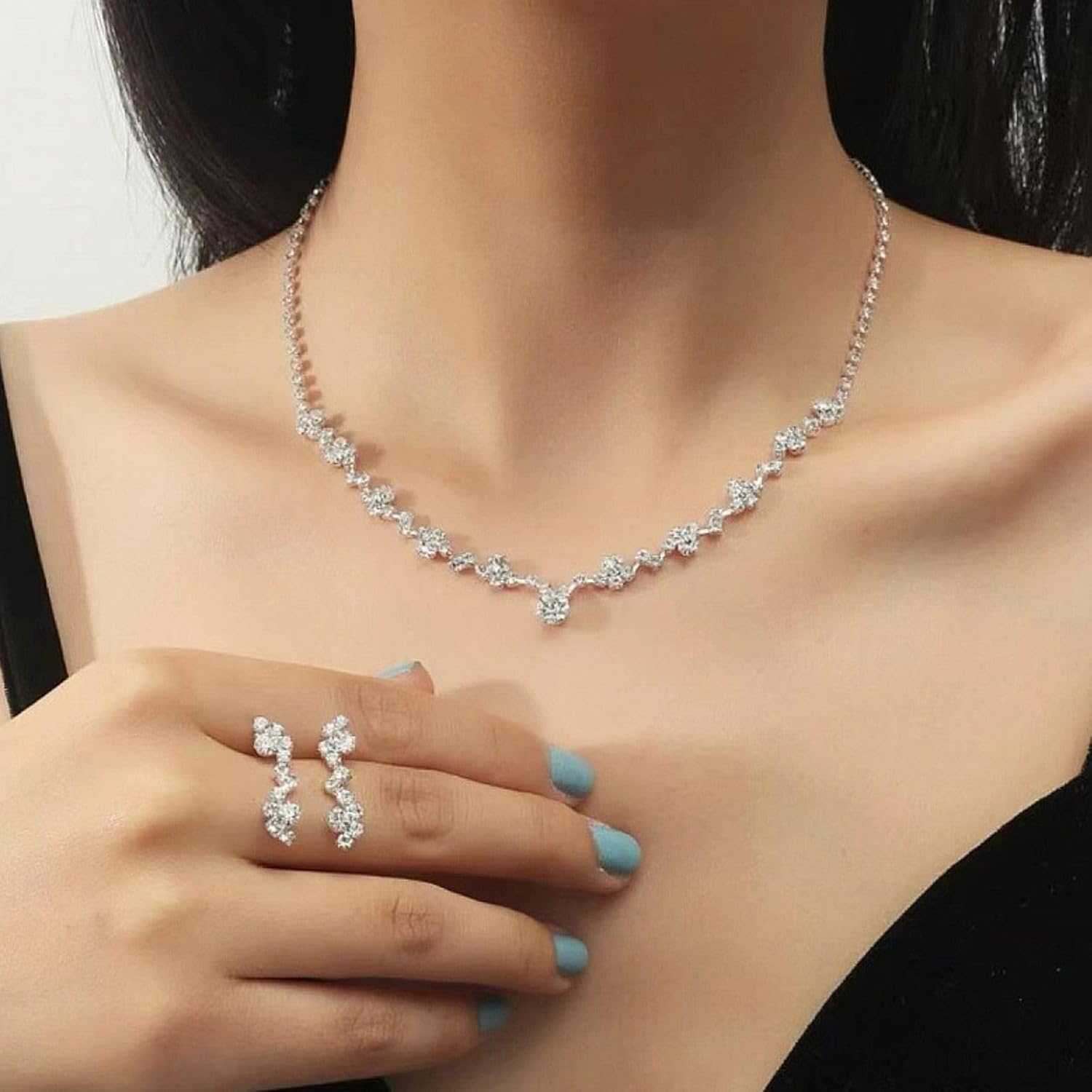 Crystal Wedding Jewelry Set, Silver Necklace Earrings Bracelet Crystal Bridal Wedding Jewelry Sets for Brides