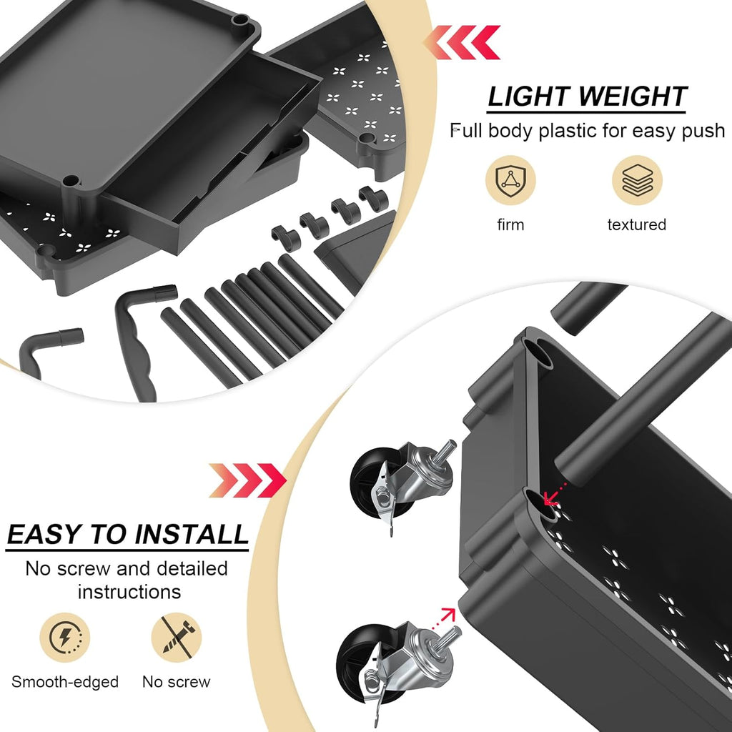 3 Tier Rolling Utility Cart Organizer with Removable Drawer, Black