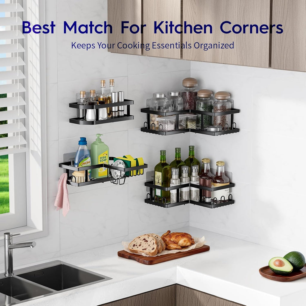 Shower Caddy Corner No Drilling-Adhesive, Shower Shelves-Rustproof | Organizer for Dorm. Black, 4-Pack - with Soap
