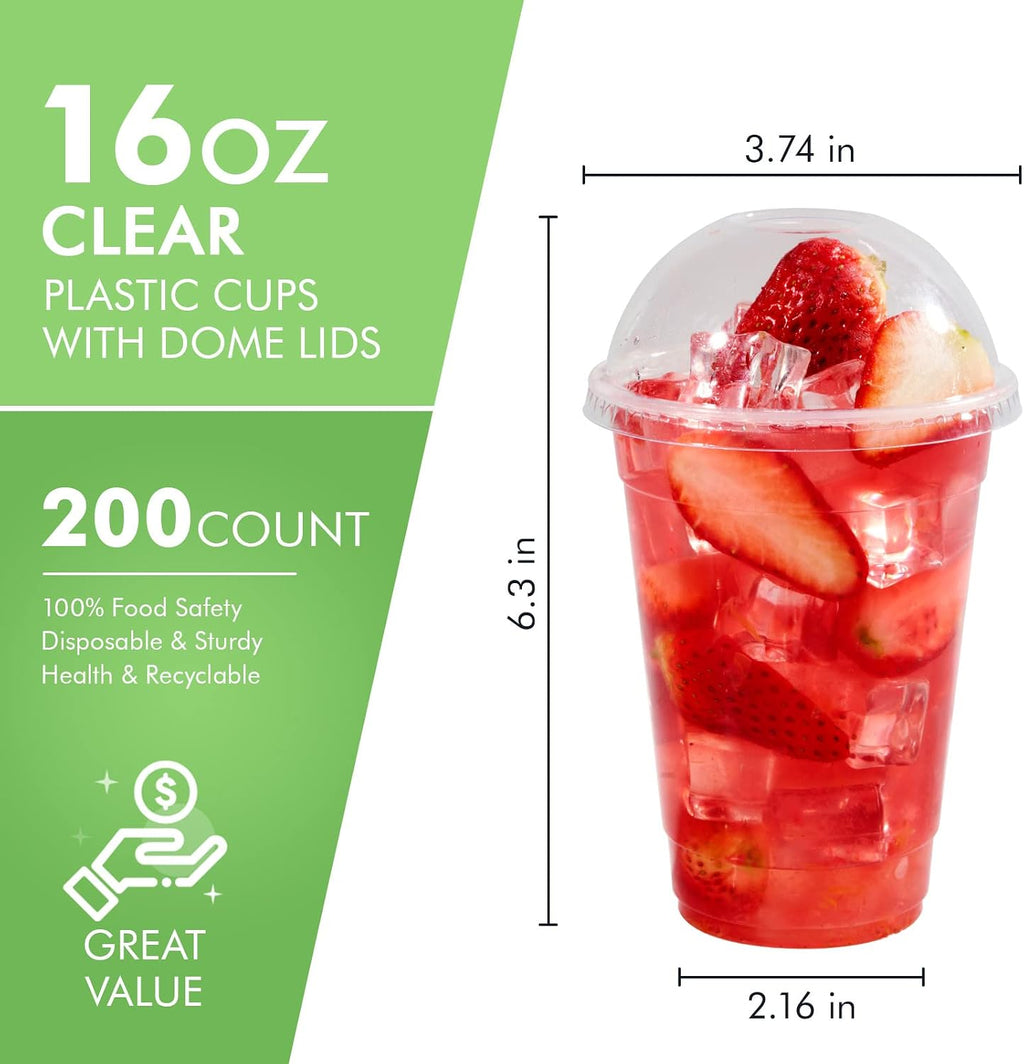 200 Pack 16 oz Clear Plastic Cups with Dome Lids, Cold Cups