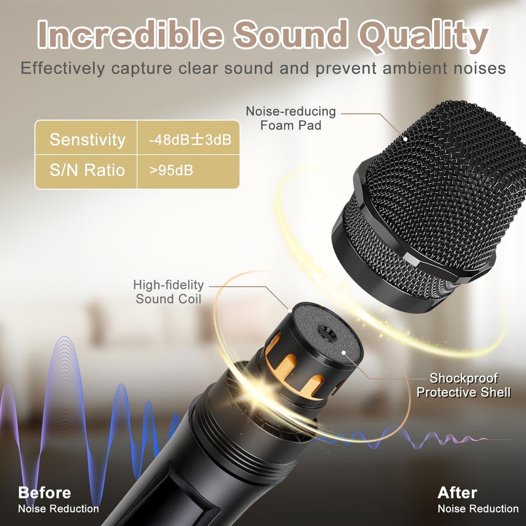 Wireless Microphone, Rechargeable Fixed Frequency Handheld Wireless Mic, Dual Cordless Dynamic Mic with Rechargeable