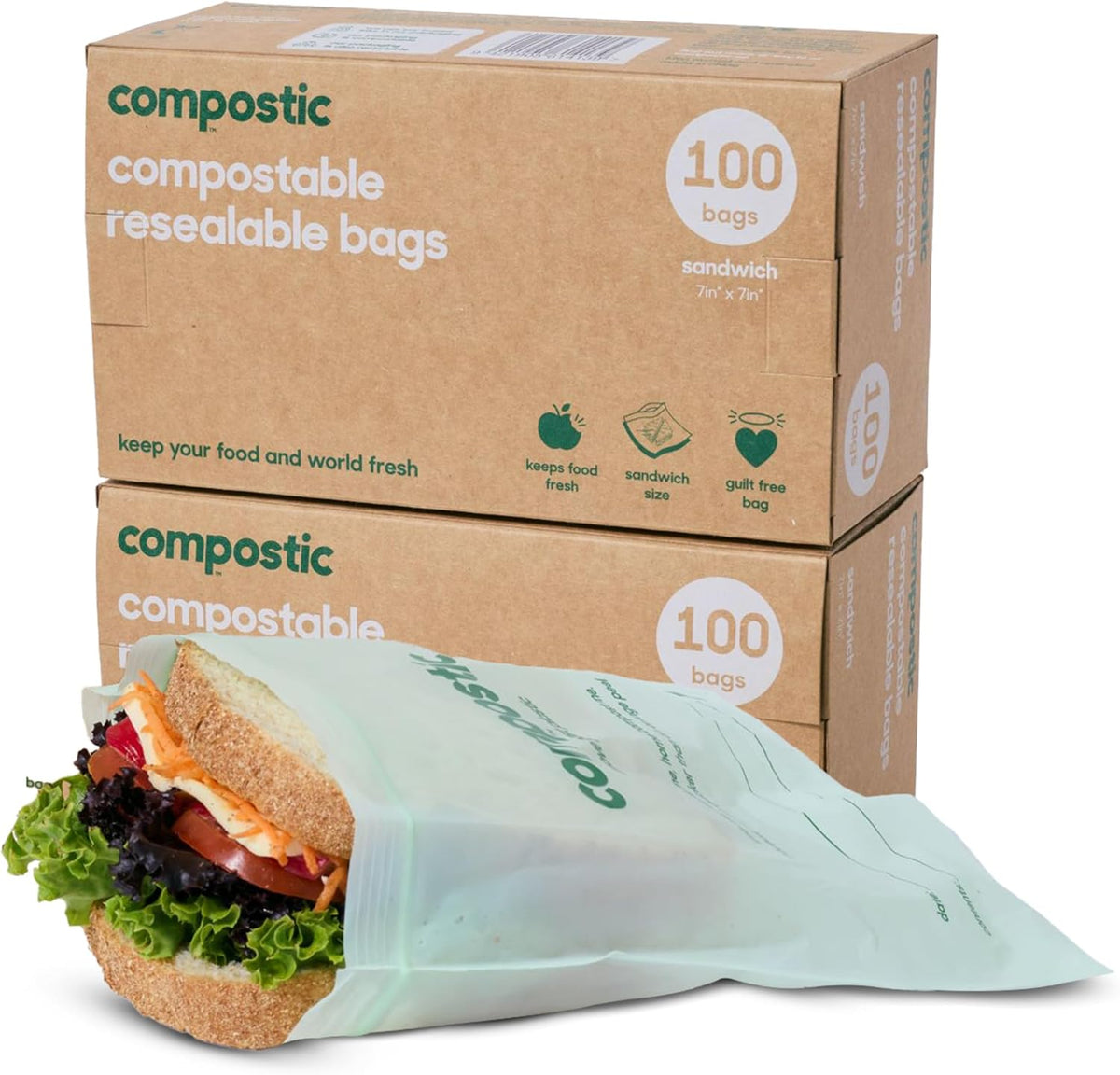 Compostable Sandwich Bags XL, 200 Ct, Resealable Zip Food Storage