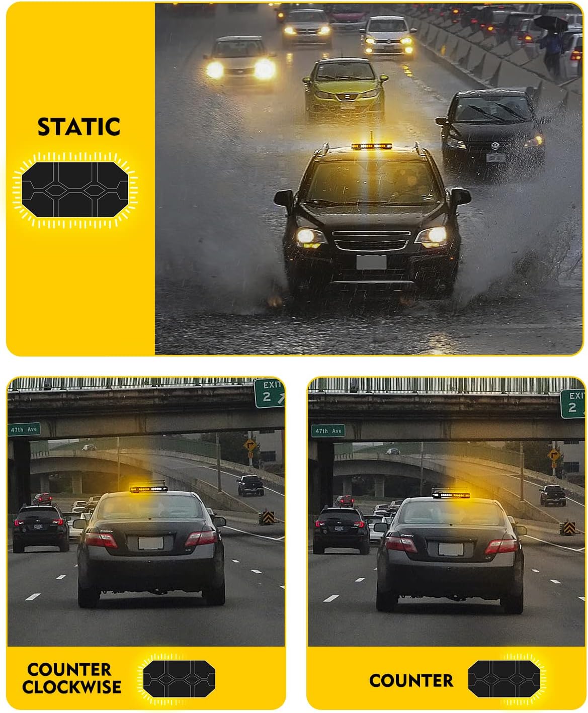 Amber LED Rooftop Strobe Beacon Lights Bar with Controller | Magnetic Emergency Warning Flashing Light for