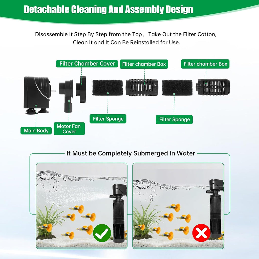 20W Submersible Aquarium Filter for 50–120 Gallon Fish Tanks, Quiet Operation Internal Pump, Energy Efficient, Easy