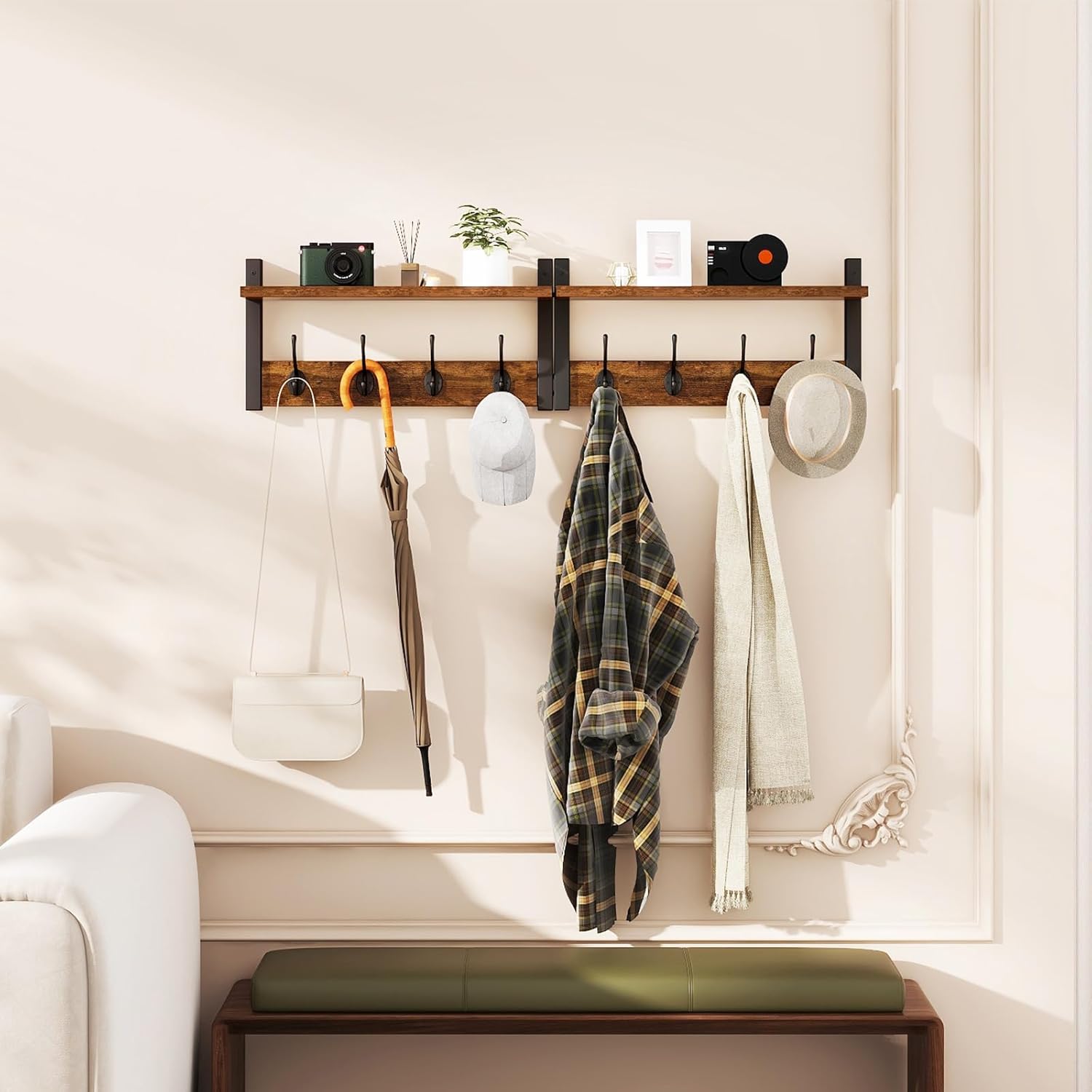 Coat Rack Shelf Wall Mounted, Coat Hooks Set of 2, Entryway Coat Hanger with 8 Hooks, 31.5" Wall Floating Shelf with