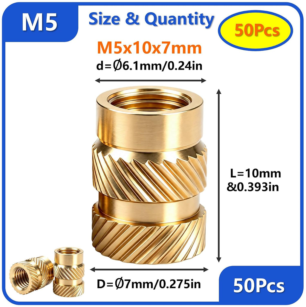 50Pcs Brass Threaded Inserts Kit M5x10x7 Heat Set for 3D Printing