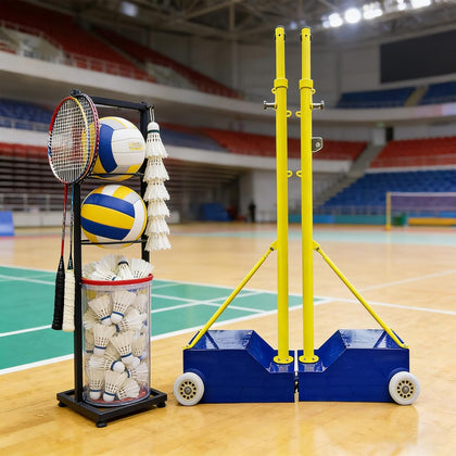 Adjustable Volleyball Badminton Net System with Wheels, 4 Height Settings 5ft-6.9ft | Heavy-duty steel frame dual