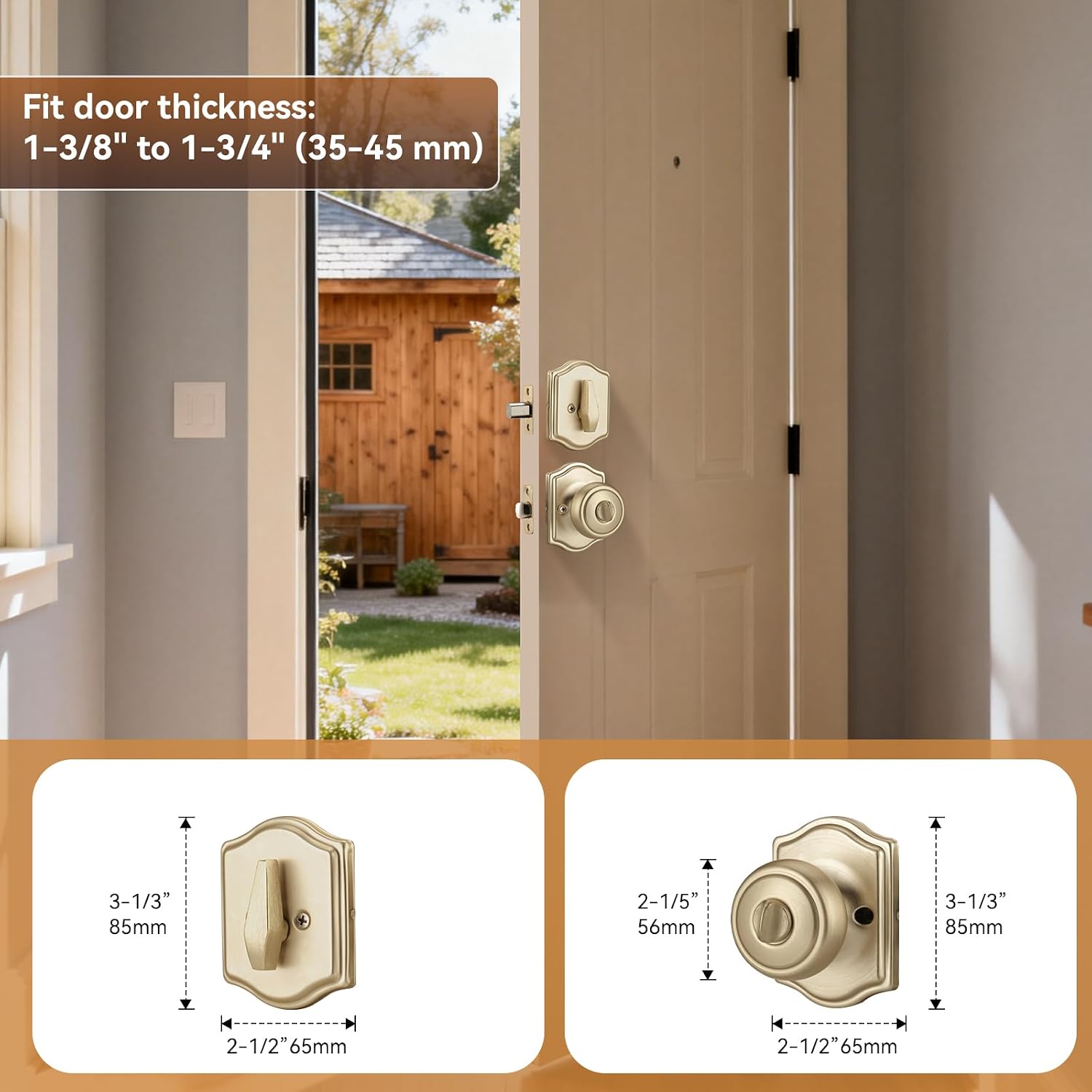 Brushed Gold Door Knobs with Camelot Trim, Exterior Door Lock Set with Deadbolt Keyed Alike, Coastal Style Exterior