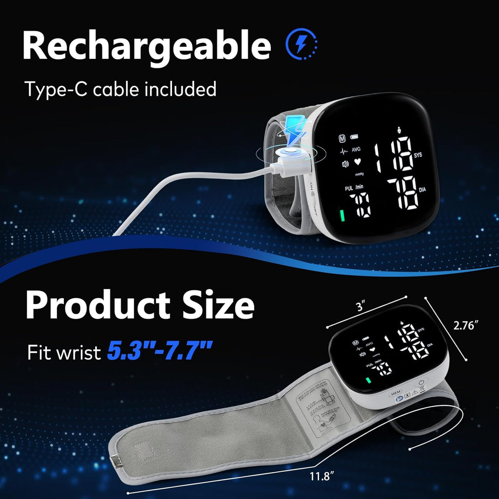 Wrist Blood Pressure Monitor Rechargeable Digital Voice Broadcast LED Backlit BP Machine 199 Memory Storage for 2
