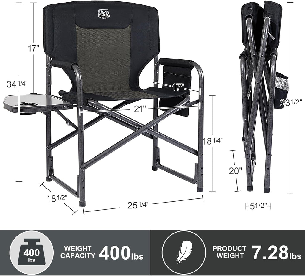 Aluminum Oversized Camping Chair, Support 400lbs | Lightweight Directors Chair Foldable with Side Table Detachable