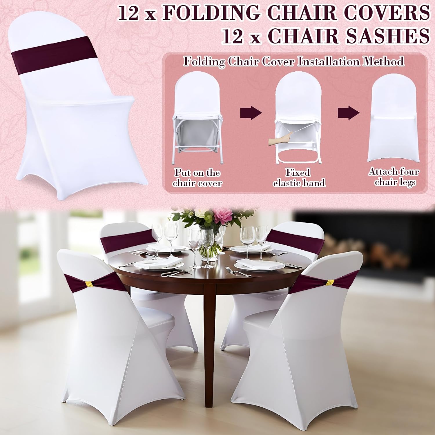 24 Pack Chair Covers with Sashes Spandex Stretch, Wine Red