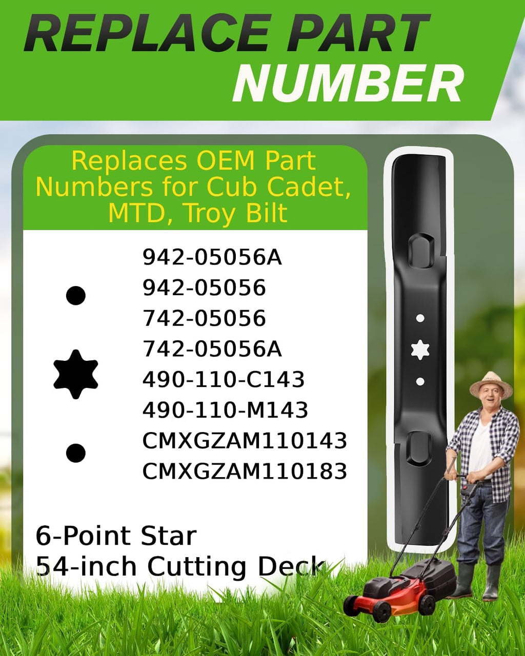 54" Cut 942-05056A ZT1-54 Lawn Mower Blade with 6-Proint Star Shaped, 54 inch Deck Mulching Blades Compatible with