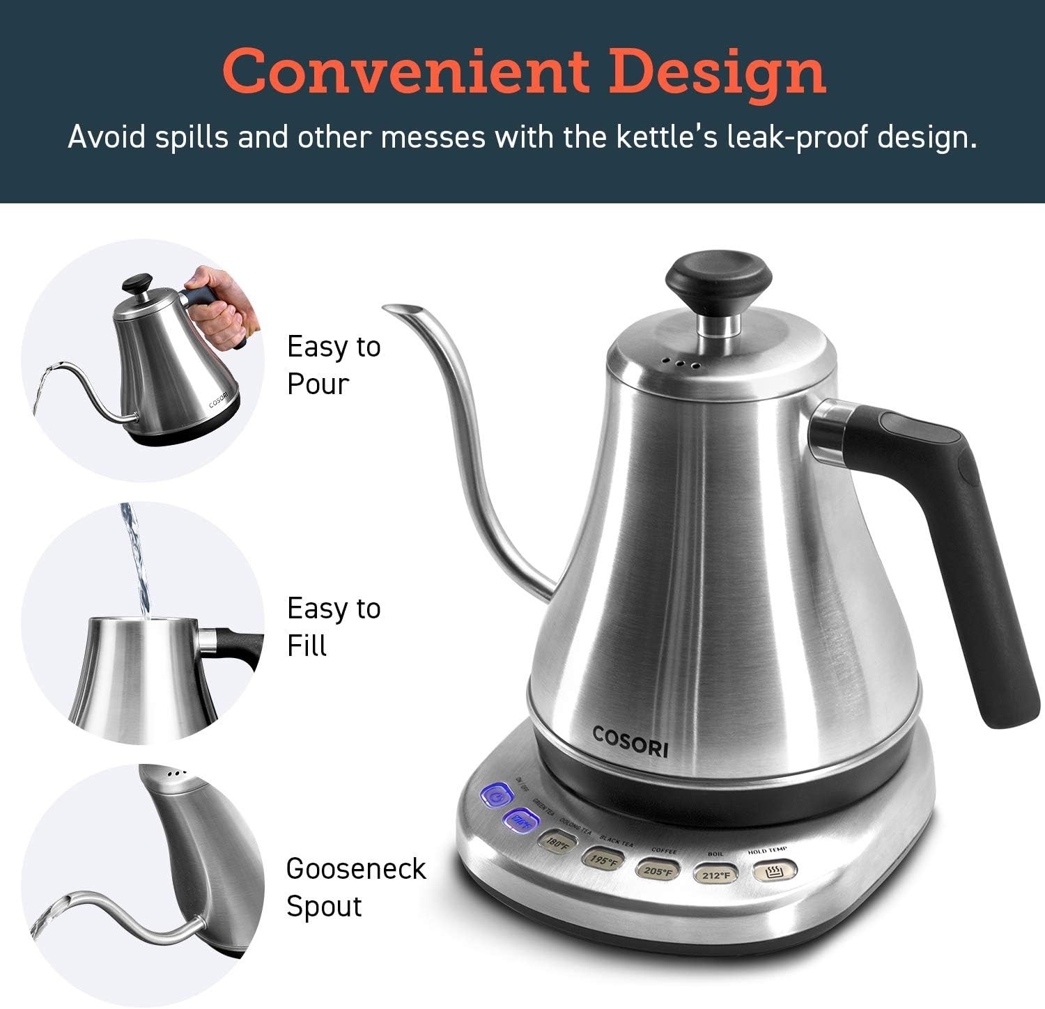 Gooseneck Electric Kettle with Temperature Control, 0.8L, Silver | No Plastic Contact with Water, 5 Presets, 60-Min