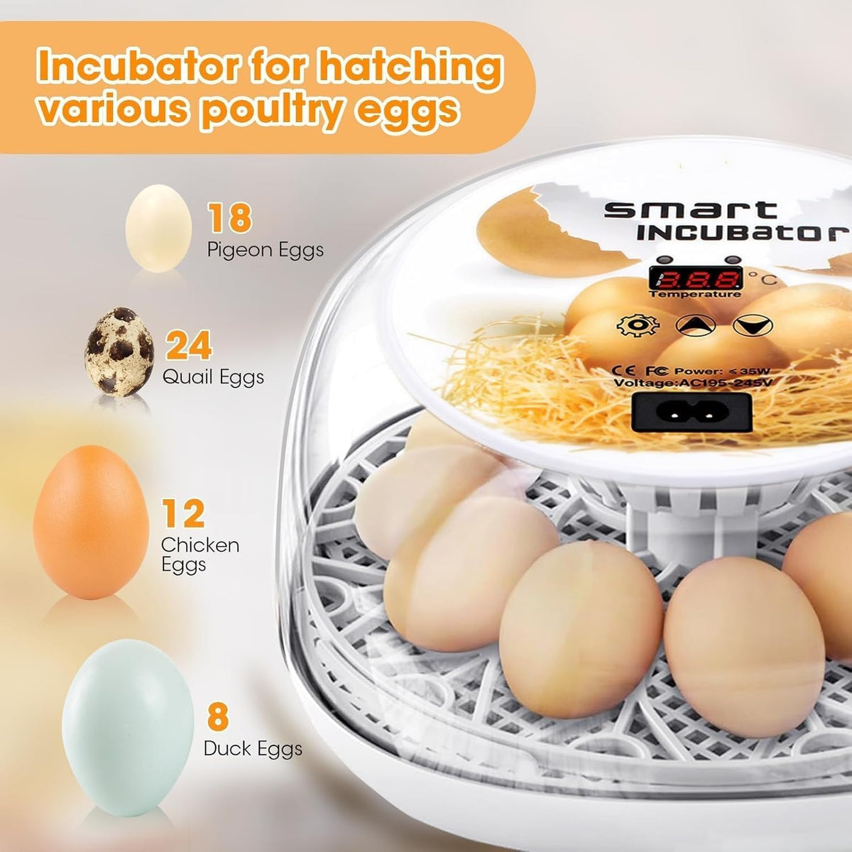 Incubators for Hatching Eggs, Chicken Waterer Cups, Automatic Egg Turner Holds 12 Eggs, Smart Incubator 360° Clear