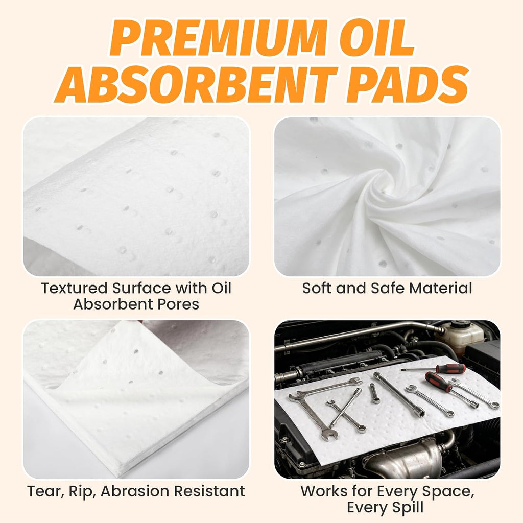 100 Pcs Oil Absorbent Pads, 9.8" x 13" Heavy Dimpled Garage Absorbing Mat
