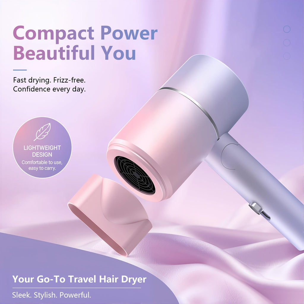 Foldable Ionic Hair Dryer with Diffuser, 1875W, Pink Blue
