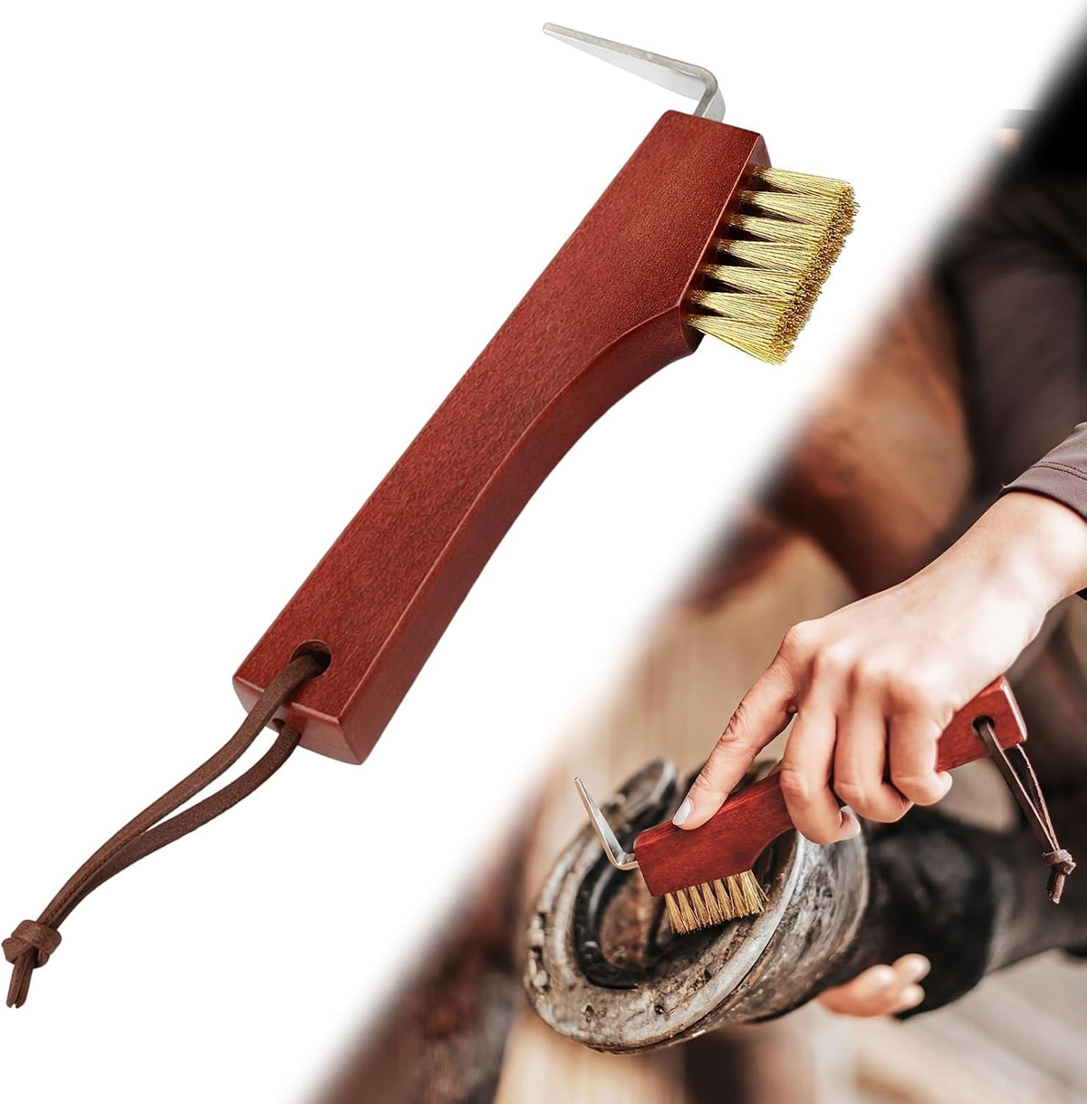 Horse Hoof Pick with Brass Wire Brush and Wooden Grip