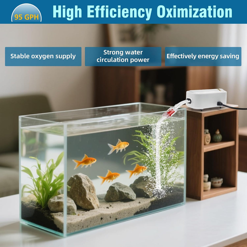 Quiet Aquarium Air Pump 5W Fish Tank Oxygen Aerator Pump with Air Stone Airline Tubing Check Valve Aquarium Bubbler