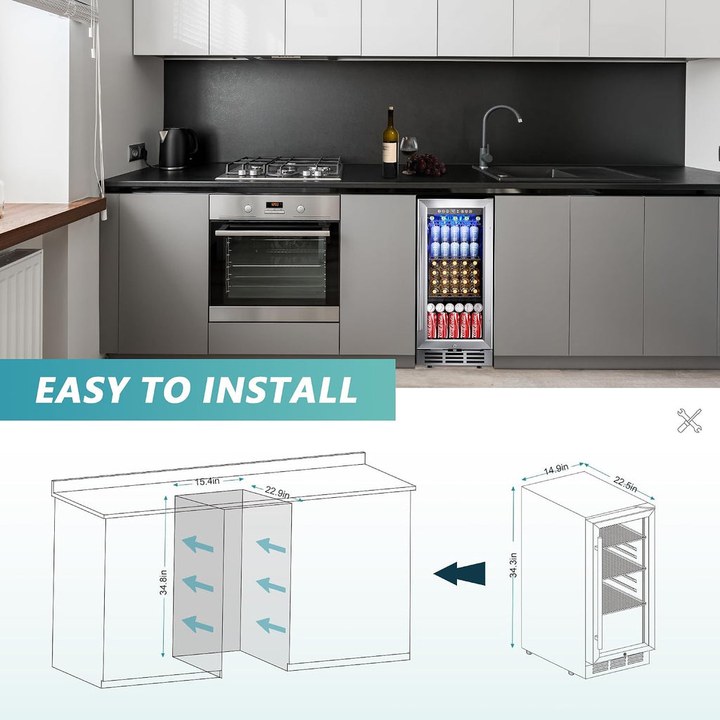 15 Inch Beverage Refrigerator, 127 Can Under Counter Refrigerator