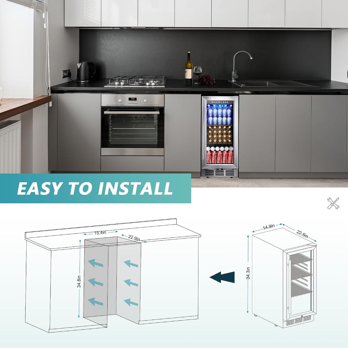 15 Inch Beverage Refrigerator, 127 Can Under Counter Refrigerator
