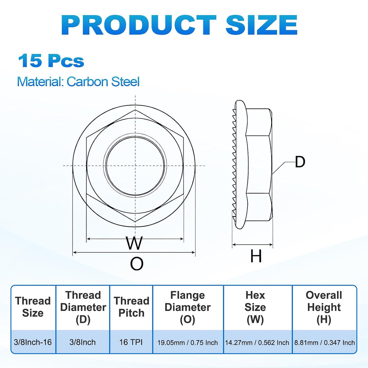 15Pcs Serrated Flange Hex Nuts 3/8"-16 UNC Carbon Steel
