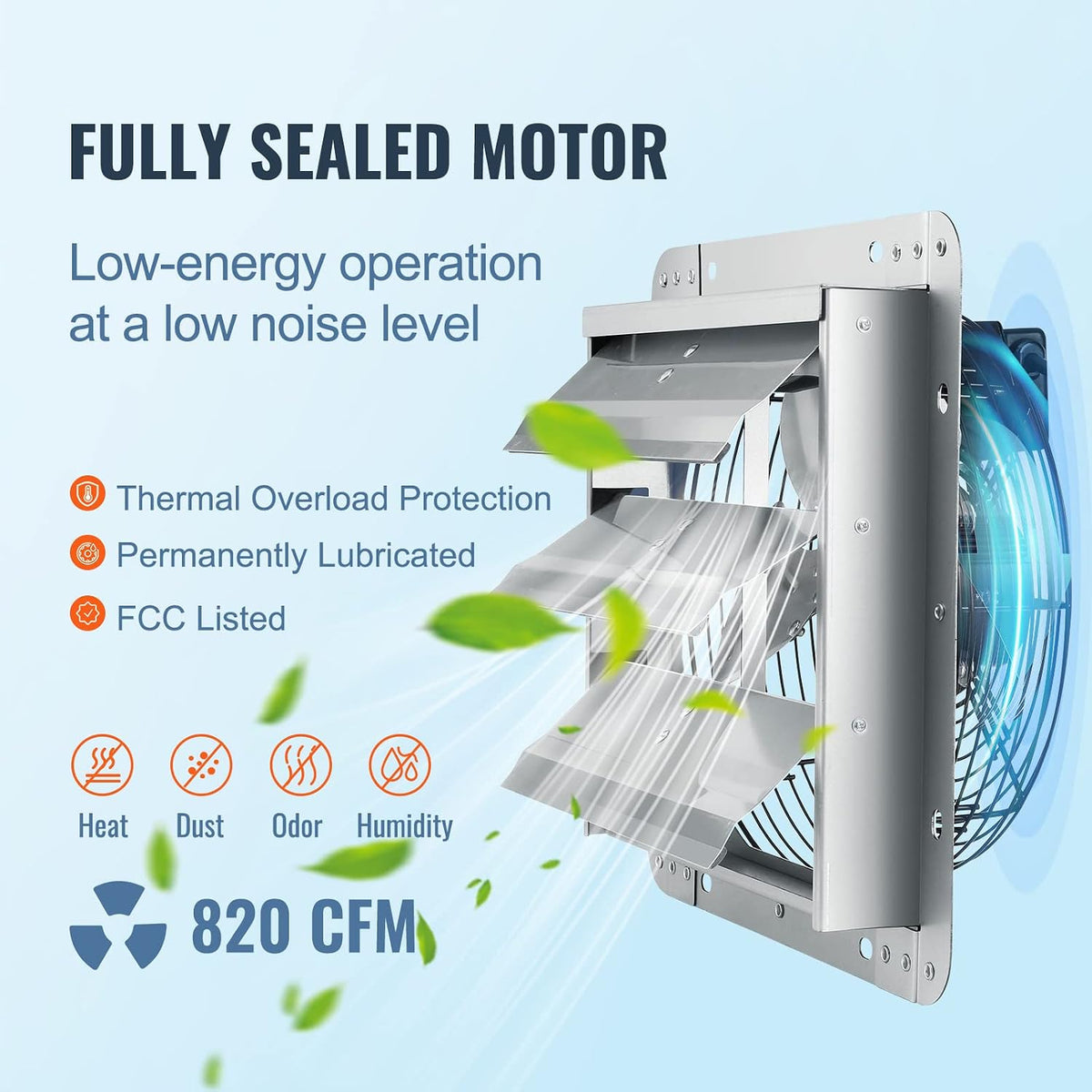VEVOR 10'' Exhaust Fan, Wall Mounted Attic Fan with Variable Speed, 820 CFM, Automatic Shutter, Ventilation and Cooling, Silver, Fan Only