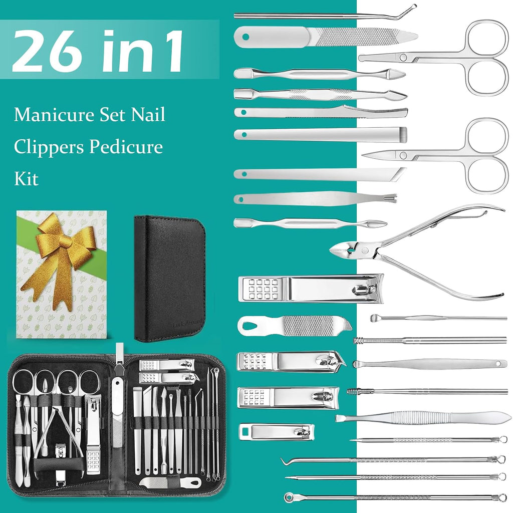 26-Piece Professional Manicure and Pedicure Kit, Nail Clippers Set, Stainless Steel Nail Care Tools with Travel Case