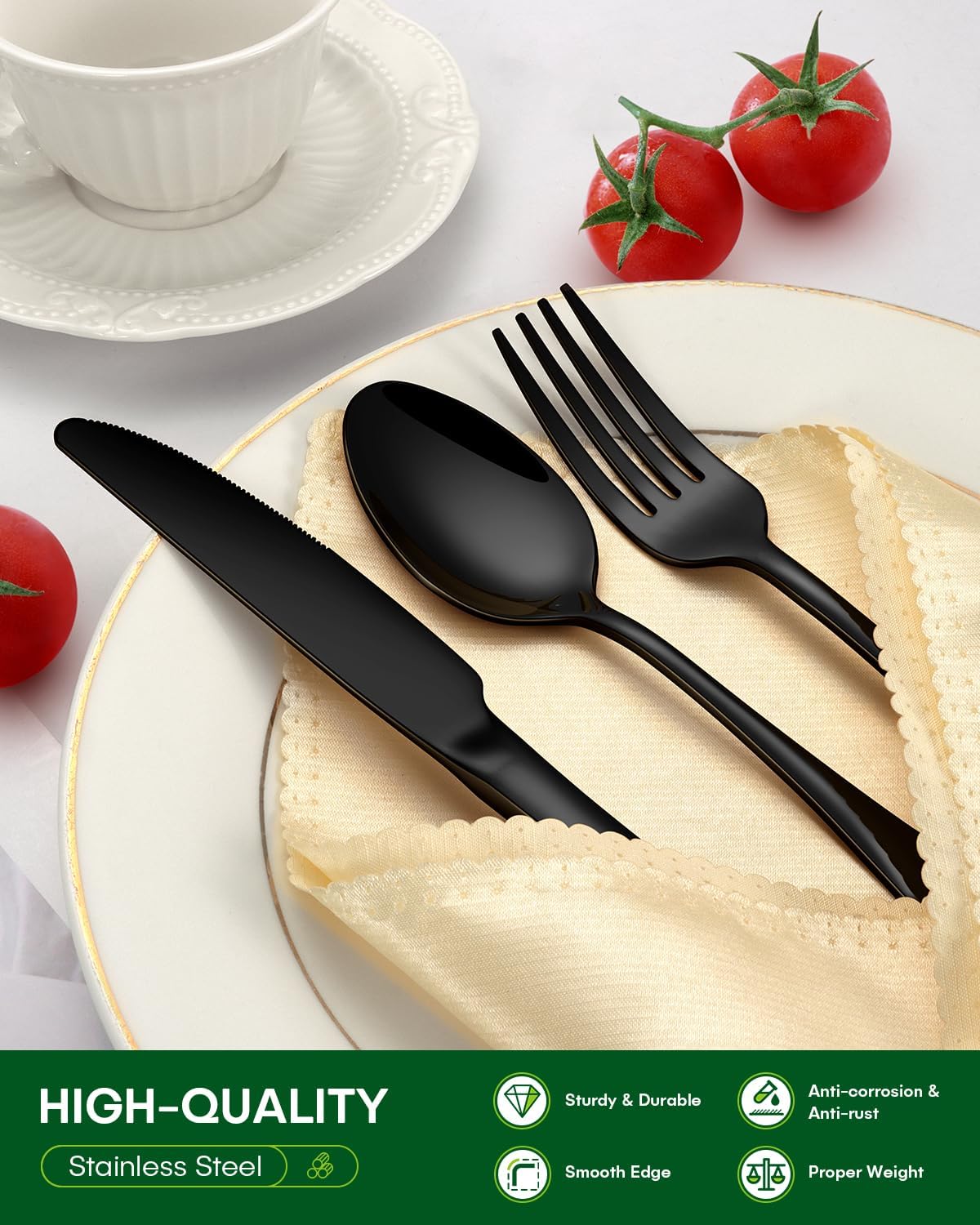 60 Piece Black Silverware Set, Stainless Steel Flatware Set for 12 Food Grade Cutlery Utensil Set Include Knife Fork