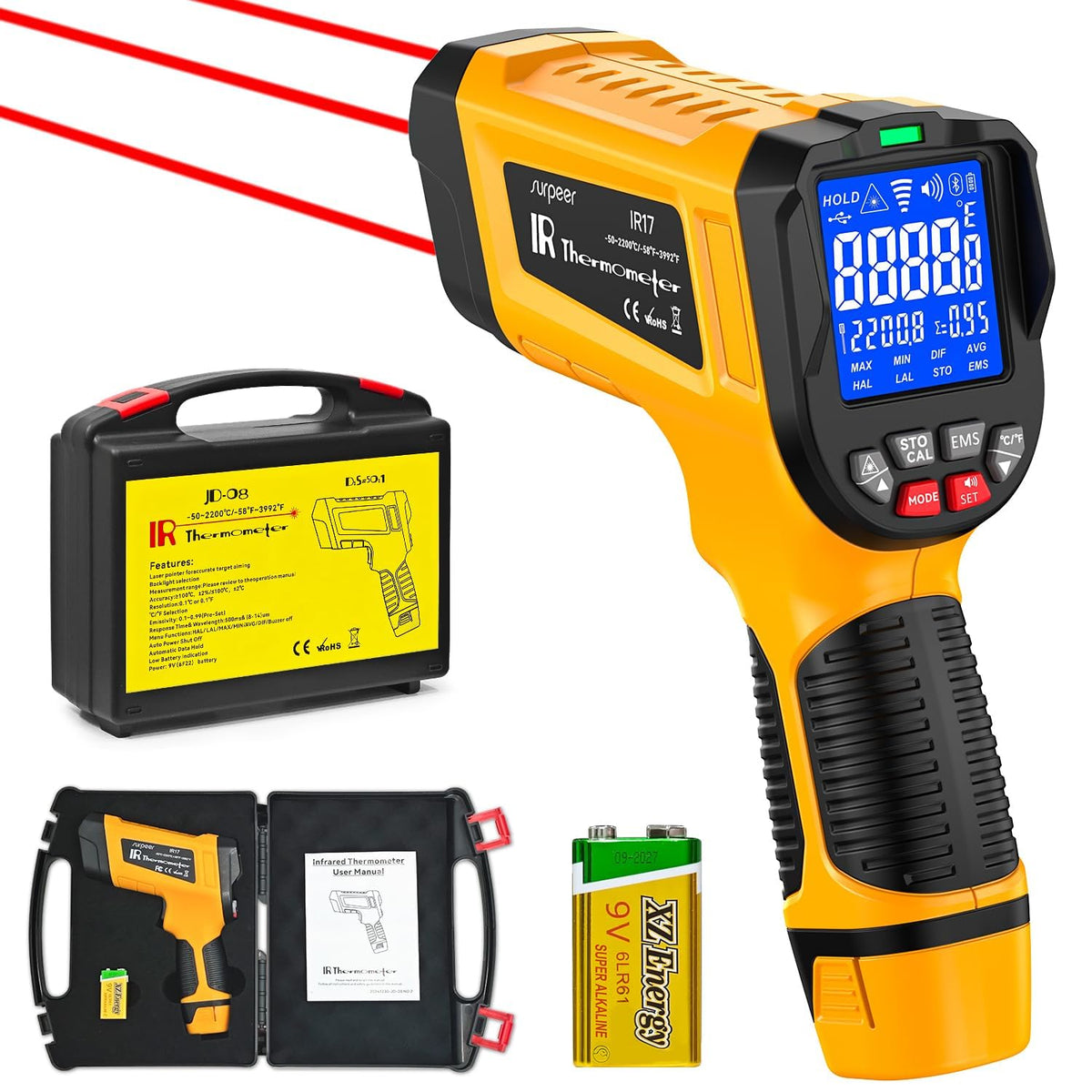 SURPEER Infrared Thermometer Temperature Gun 3992°F 50:1