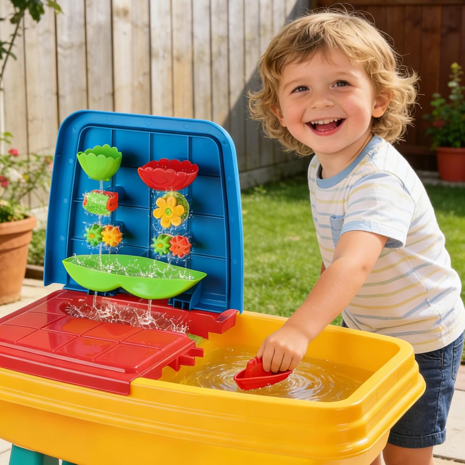 Kids Sand and Water Table, 2 in 1 Toddler Activity Table with Water Wheel & Sand Tools, Outdoor Indoor Sensory Play