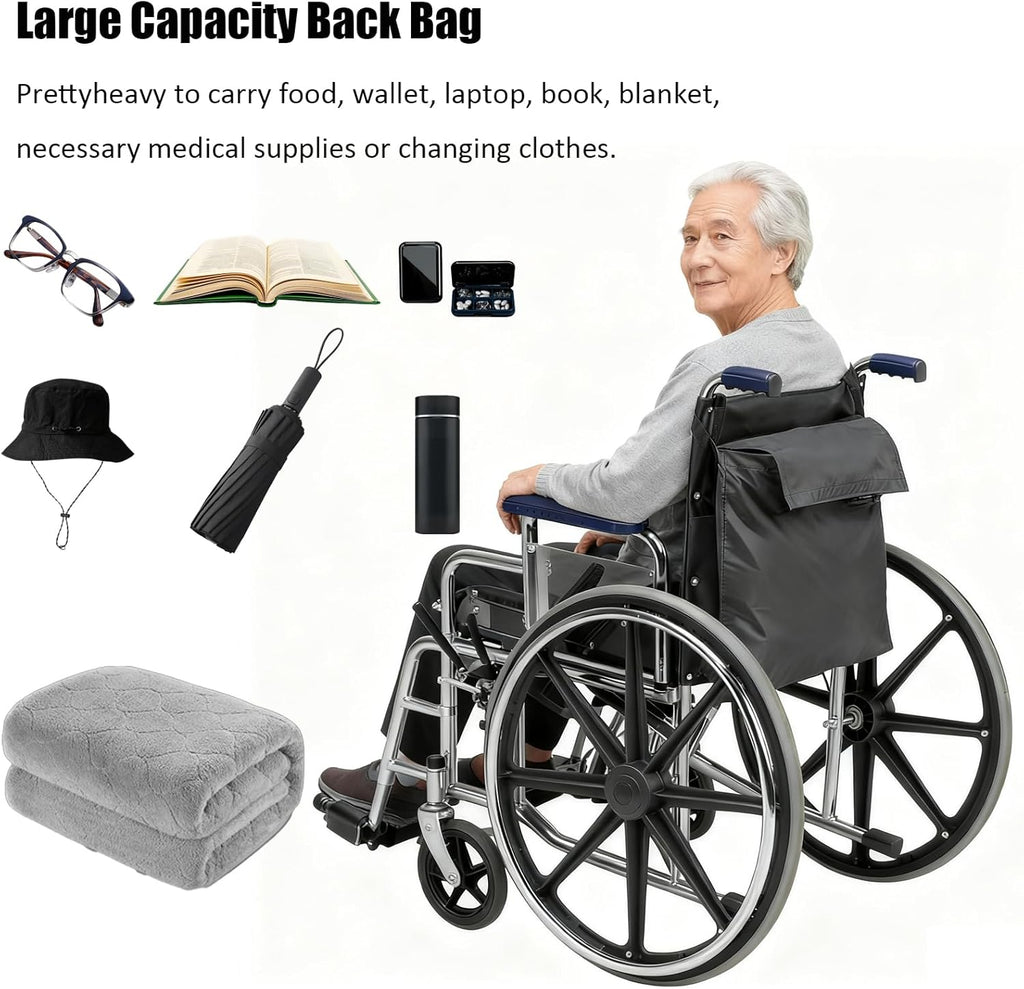 Large Wheelchair Bag to Hang on Back Wheelchair Accessories Adjustable Straps, Large Storage, Lightweight, Waterproof