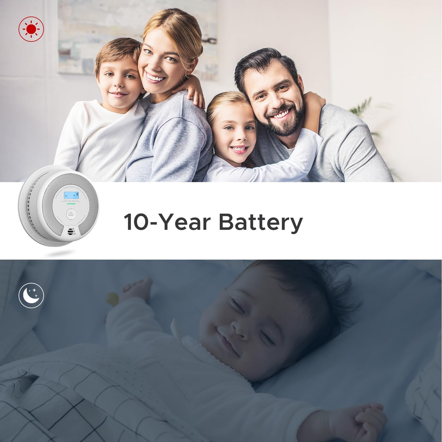 10-Year Battery Combination Smoke Carbon Monoxide Alarm Detector with Large LCD Display, UL 217 & UL 2034 Certified