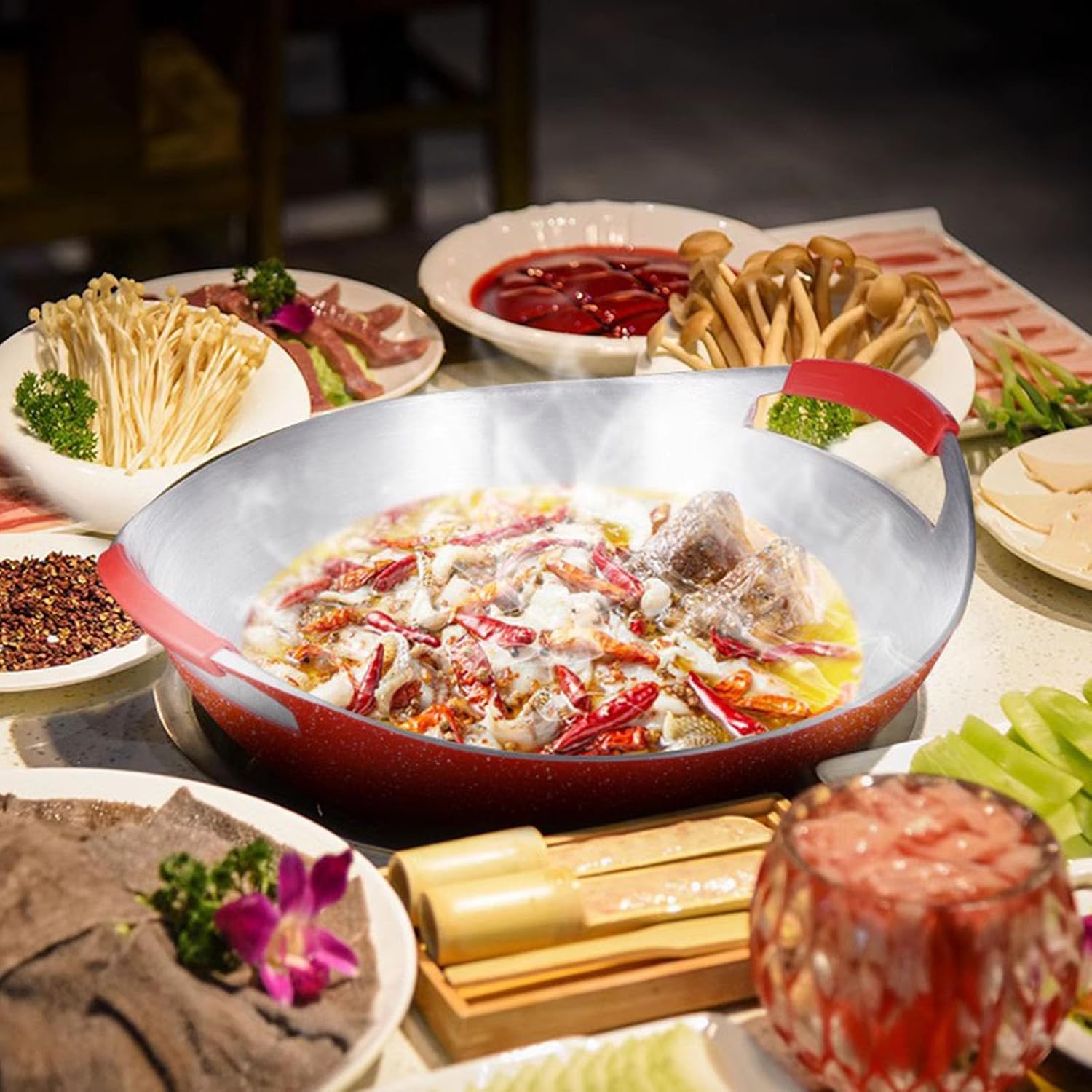 Stock Pot, Anti Stick Coating Thickened Aluminum Alloy Red Base Boiling Fish Soup Pot with Dual Handles Household Wok