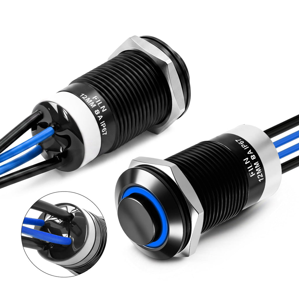 FILN 2PCS 8A 12mm Latching Push Button Switch 12V-24V DC IP67 High Head