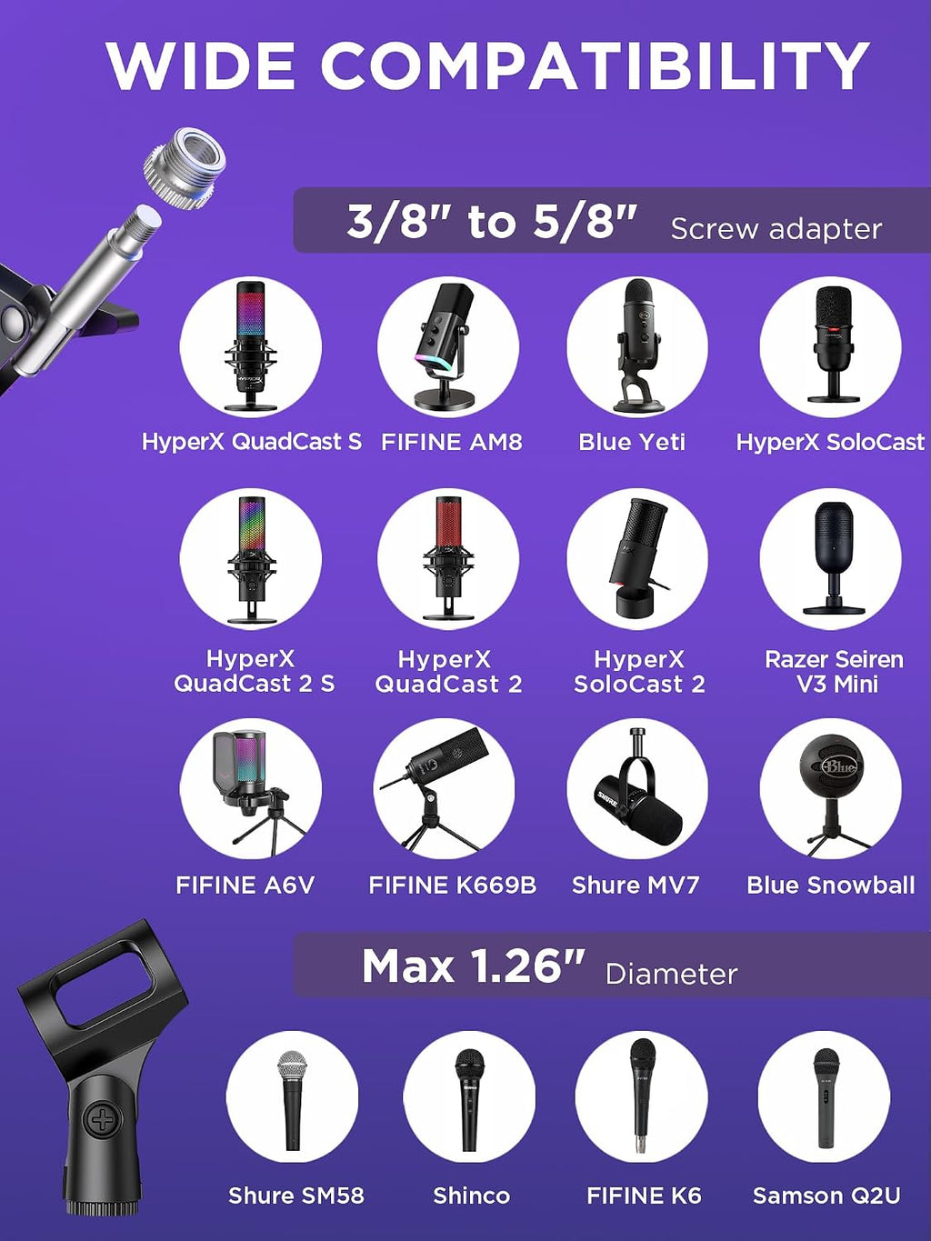 Microphone Stand Mic Boom Arm for Blue Yeti HyperX QuadCast S SoloCast Snowball Fifine K669B and other Mic, with