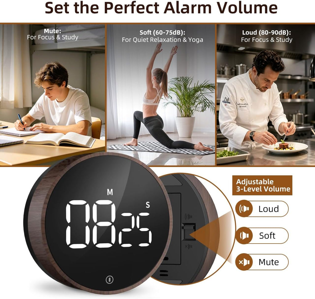 Digital Magnetic Kitchen Timer & Stopwatch with LED Display, Woodgrain