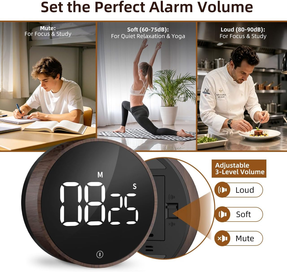 Digital Magnetic Kitchen Timer & Stopwatch with LED Display, Woodgrain