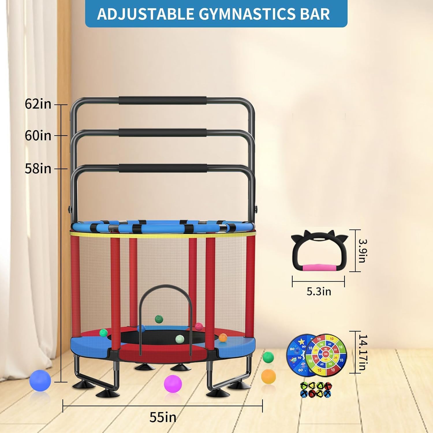 Trampoline for Kids, Upgrade Full Anti-Rust 440lbs Indoor Outdoor Toddler Trampoline with Net, 55" Adjustable Baby