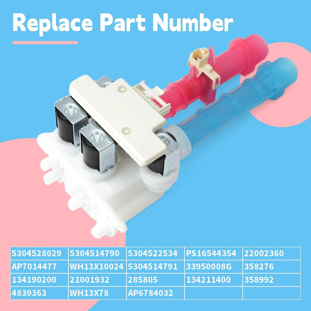 5304514790 Washer Water Inlet Valve Assembly Replacement for Electrolux for GE for Hotpoint for Kenmore for Frigidaire Washing Machines, Replace 5304522534 PS16544354 5304514791 5304528029