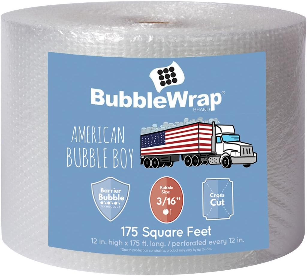 Bubble Wrap Roll 175', small bubble wrap 3/16 cushioning, 175ft perforated Every 12" Made in the USA by American